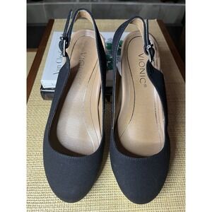 Vionic‎ Coralina Size 7.5 Black Slingback Wedge Espadrille Heels Sandals